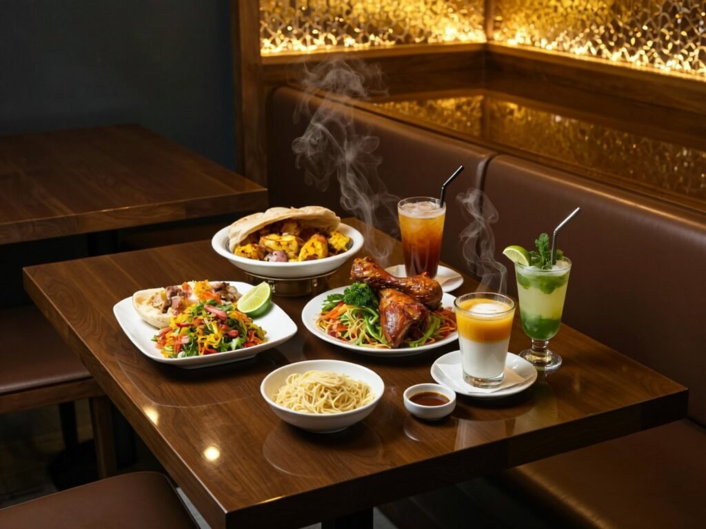 Model Version: lite | Model Category: Realism | Prompt: Ultra-realistic 8K hero banner, elegant modern caf?-restaurant interior, warm gold ambient lighting, glossy wooden tabletops, soft bokeh background. Showcase premium dishes: sizzling alfaham, mandi with grilled chicken, shawaya platter, Chinese noodles with gentle steam rising. Signature coolbar drinks: falooda, layered fresh juice, lime mint cooler. Cinematic composition with ample negative space on the left for text, vivid color depth, crisp details, professional commercial photography style. | Enhanced Prompt: Ultra-realistic 8K hero banner showcasing an elegant modern caf?-restaurant interior, meticulously detailed with glossy, highly polished wooden tabletops reflecting the warm gold ambient lighting that suffuses the entire space. The midground features an artful arrangement of premium dishes: a sizzling alfaham, a vibrant mandi with perfectly grilled chicken, a colorful shawaya platter, and a plate of Chinese noodles from which gentle tendrils of steam delicately rise. In the foreground, signature coolbar drinks are displayed, including a creamy falooda, a layered fresh juice, and a refreshing lime mint cooler. The background is rendered with a soft, appealing bokeh effect, ensuring crisp details across the food. The cinematic composition is carefully balanced with ample negative space reserved on the left side for text integration, utilizing vivid color depth and a professional commercial photography style. Ultra-realistic 8K hero banner, elegant modern café-restaurant interior, warm gold ambient lighting, glossy wooden tabletops, soft bokeh background. Showcase premium dishes: sizzling alfaham, mandi with grilled chicken, shawaya platter, Chinese noodles with gentle steam rising. Signature coolbar drinks: falooda, layered fresh juice, lime mint cooler. Cinematic composition with ample negative space on the left for text, vivid color depth, crisp details, professional commercial photography style.